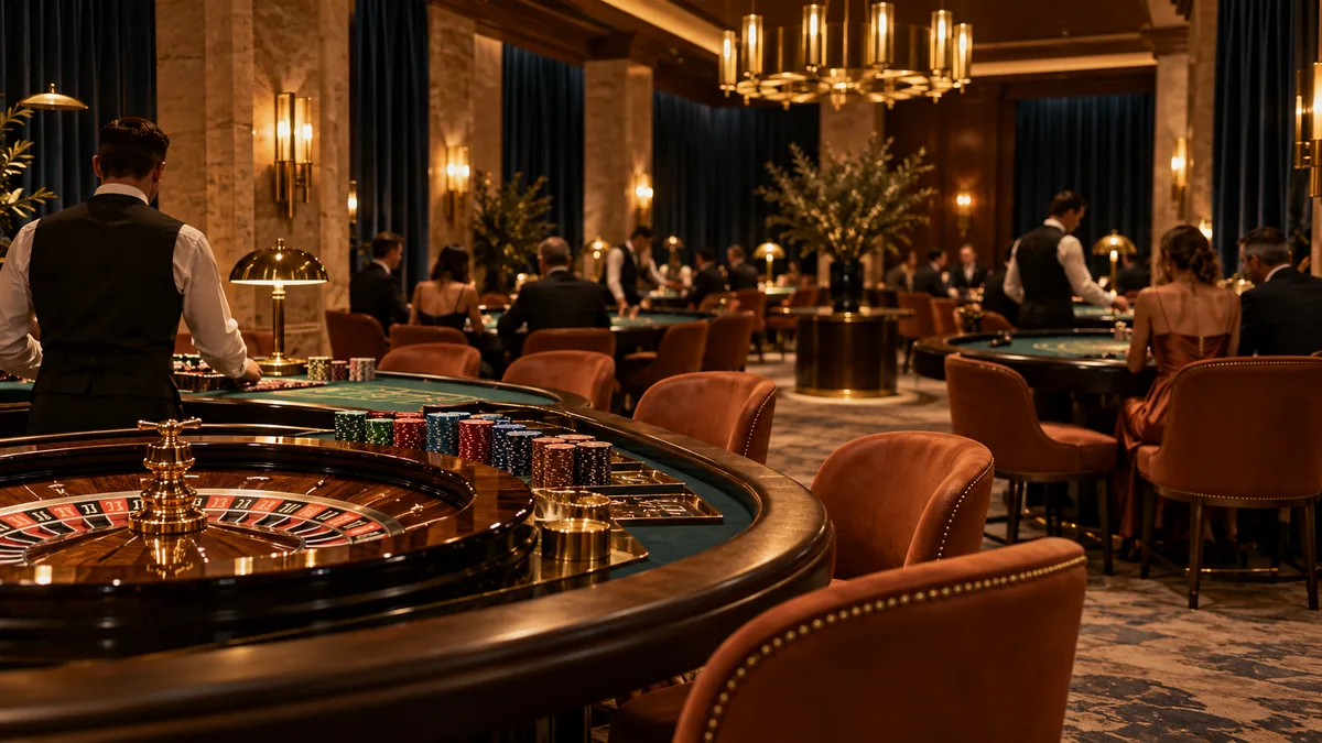 Card and roulette tables under warm light in the windowless gaming hall of the Westoria hotel