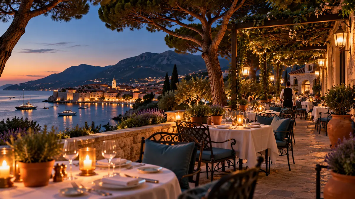 Candlelit tables on the stone terrace of the Westoria restaurant, looking out over the Adriatic in the evening
